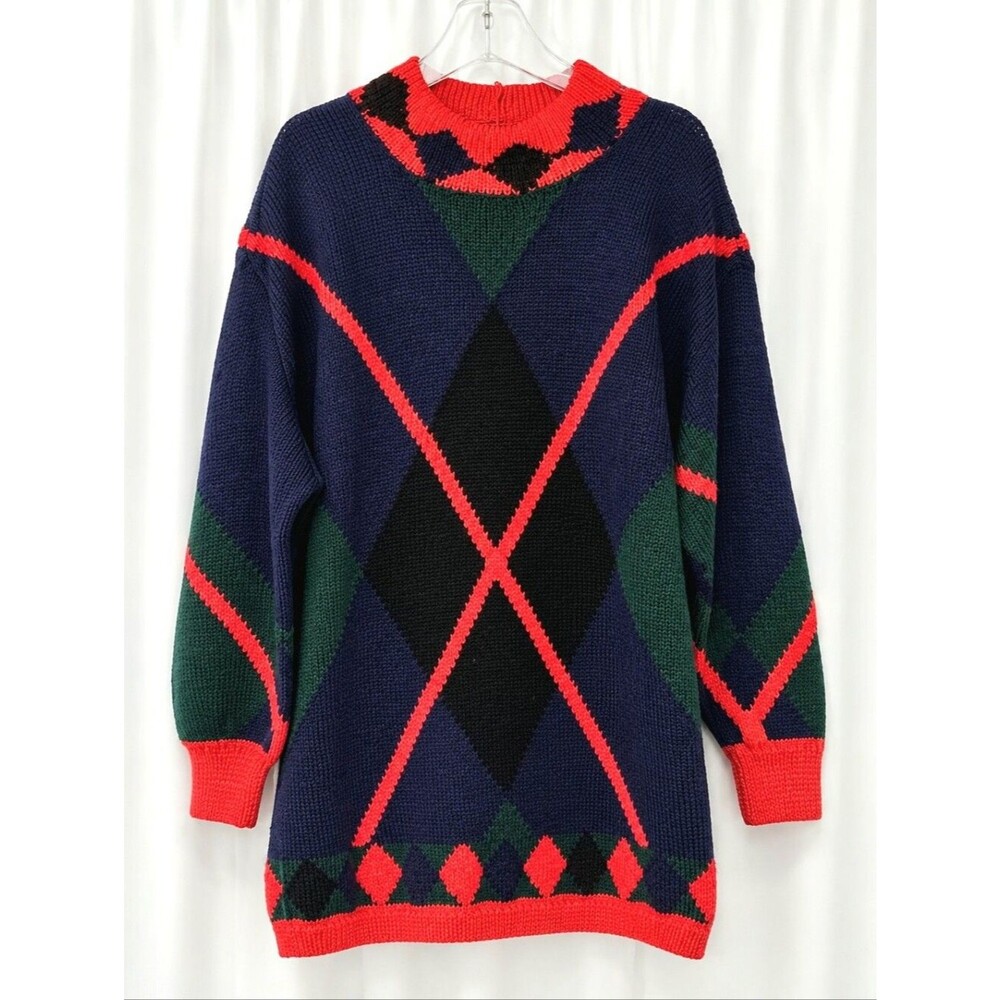 Vintage Berek 1987 Hand Knit Wool Navy Red Green Diamond Oversized Tunic Sweater